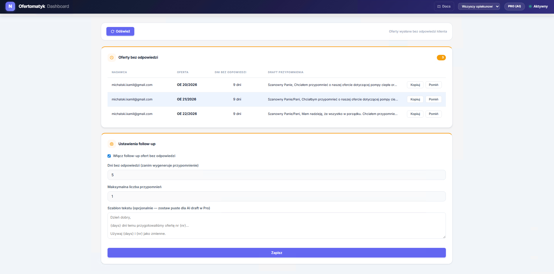 Automatyczne follow-upy ofert